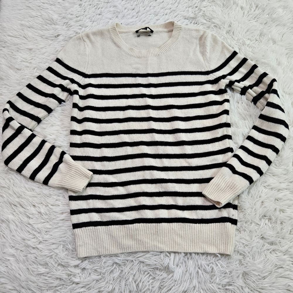 SET Fashion Striped Wool Cashmere Blend Crew Neck Sweater Ivory Black Sz M